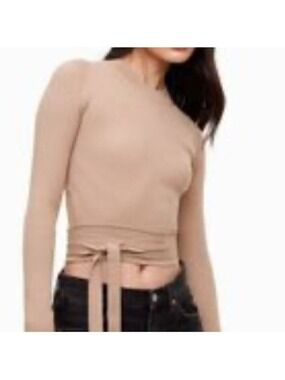 MABLE Mock Neck Wool Mix Lightweight Fitted Cut out Sweater w/Tie at Back, sm/xs